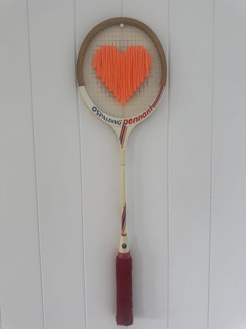 Vintage Squash Racquet Wall Hanging With Woven Heart - Bright Orange