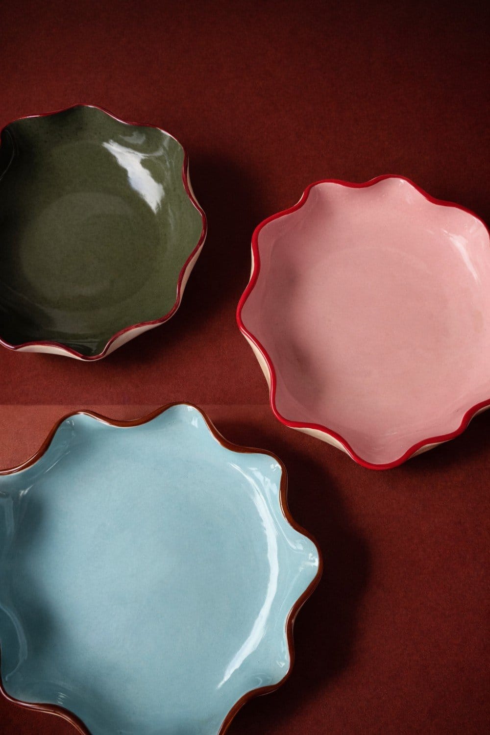 Light Blue Ruffle Bowl With A Dark Brown Rim-Ceramics-Formantics-Greenhouse Interiors Pty Ltd