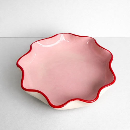 Light Pink Ruffle Bowl With A Burgundy Rim-Ceramics-Formantics-Greenhouse Interiors Pty Ltd