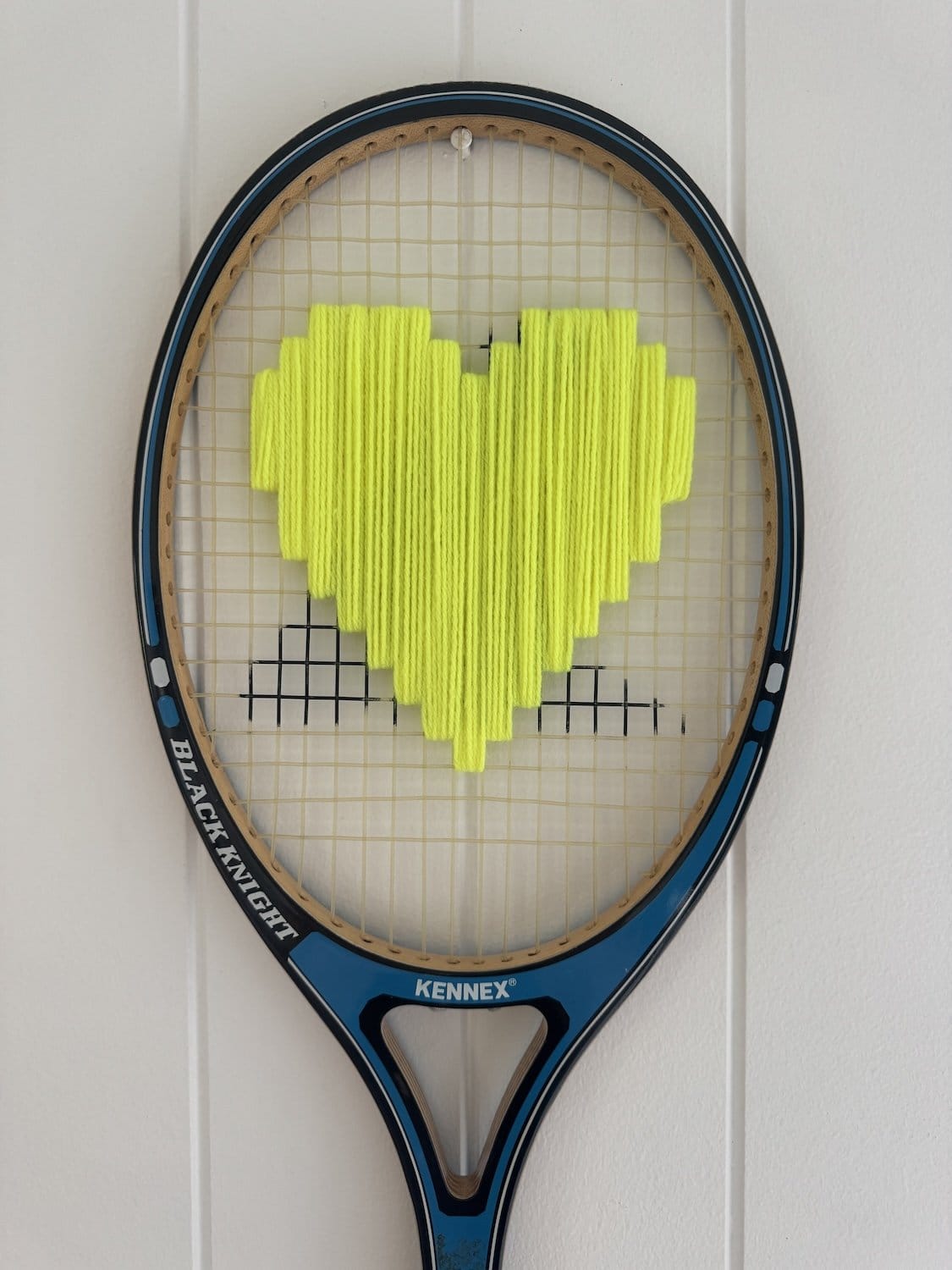 Vintage Tennis Racquet Wall Hanging With Woven Heart - Fluoro Yellow-Wall Hangings-What A Racquet-Greenhouse Interiors Pty Ltd