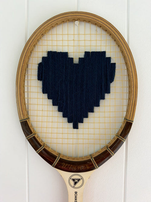 Vintage Tennis Racquet Wall Art - Navy Heart