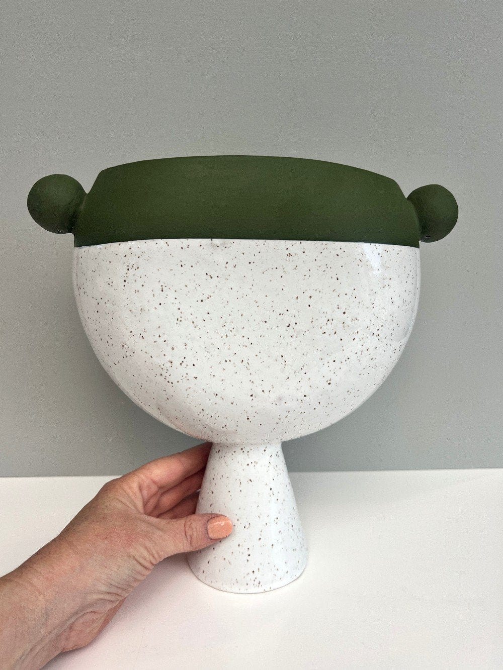 Ball Vase In Olive Green And White