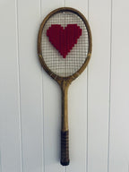 What A Racquet! Vintage Tennis Racquet Wall Hanging With Woven Heart - Rosy Red
