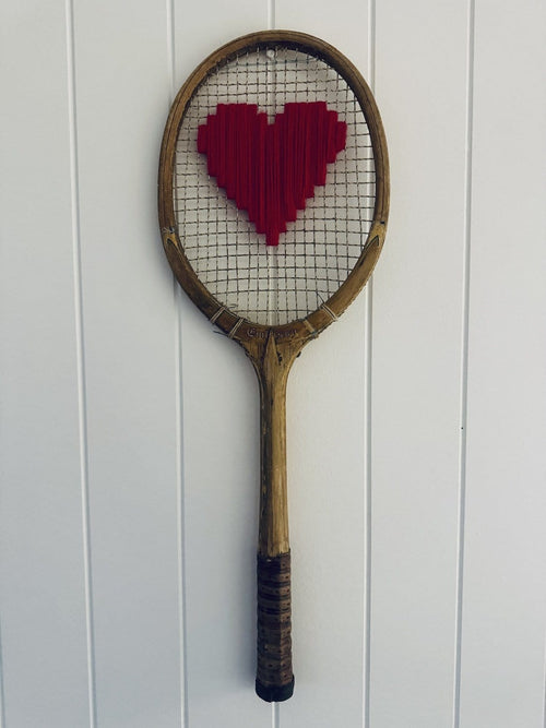 What A Racquet! Vintage Tennis Racquet Wall Hanging With Woven Heart - Rosy Red