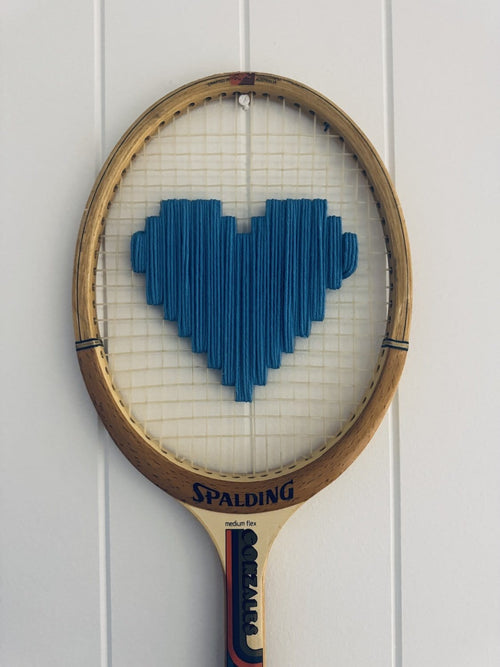 What A Racquet! Vintage Tennis Racquet Wall Hanging With Woven Heart - Blue