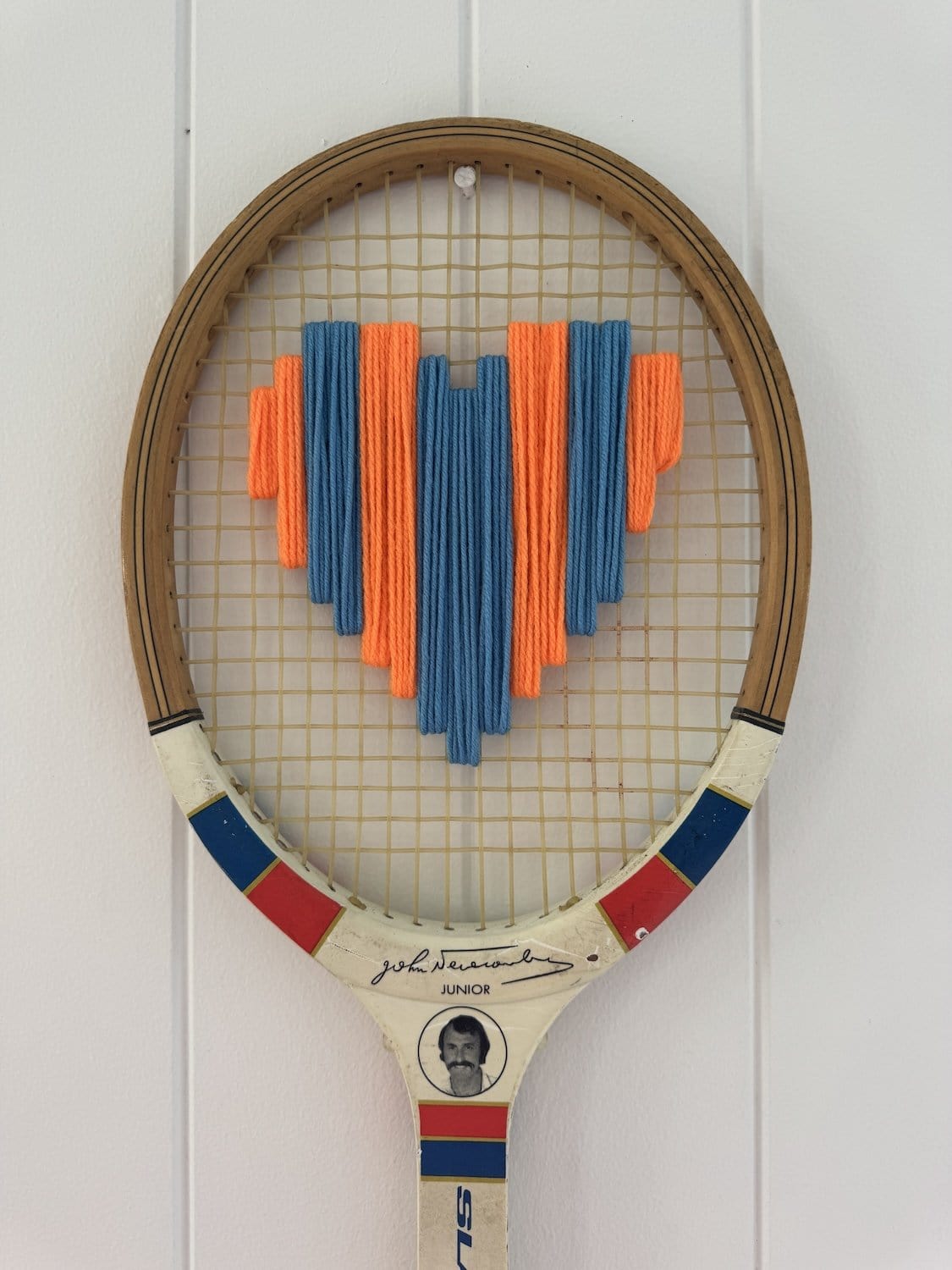 Vintage Tennis Racquet With Woven Heart - Orange &amp; Blue Stripe