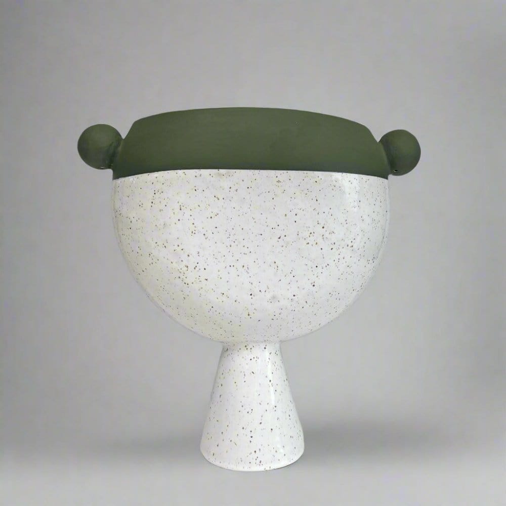 Ball Vase In Olive Green And White