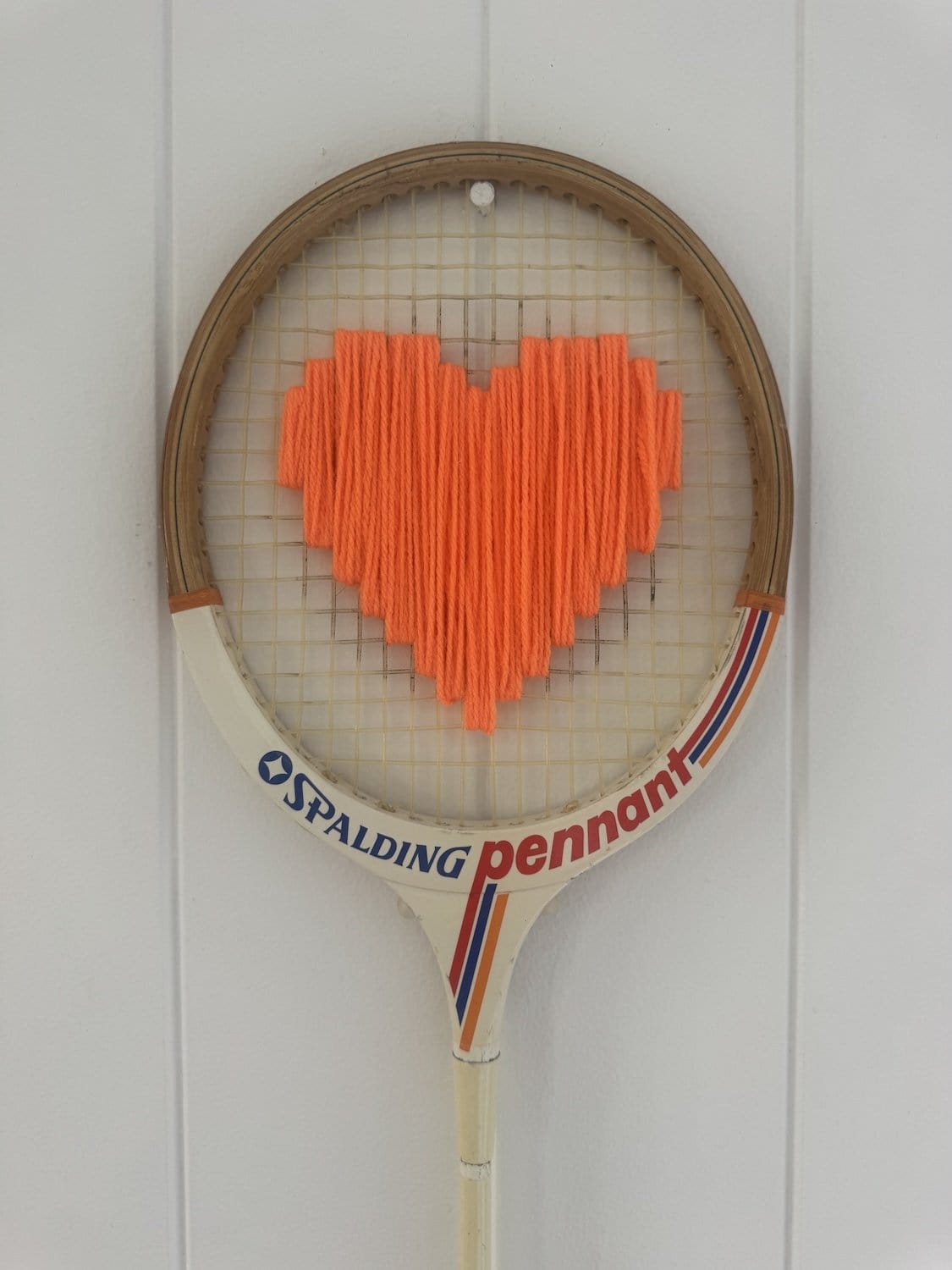Vintage Squash Racquet Wall Hanging With Woven Heart - Bright Orange