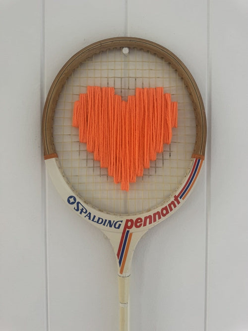 Vintage Squash Racquet Wall Hanging With Woven Heart - Bright Orange