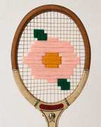 Vintage Tennis Racquet Wall Art - Pink Flower With Leaves