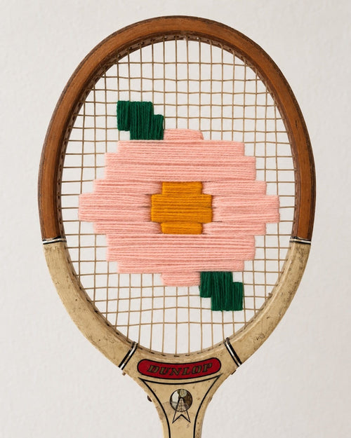 Vintage Tennis Racquet Wall Art - Pink Flower With Leaves