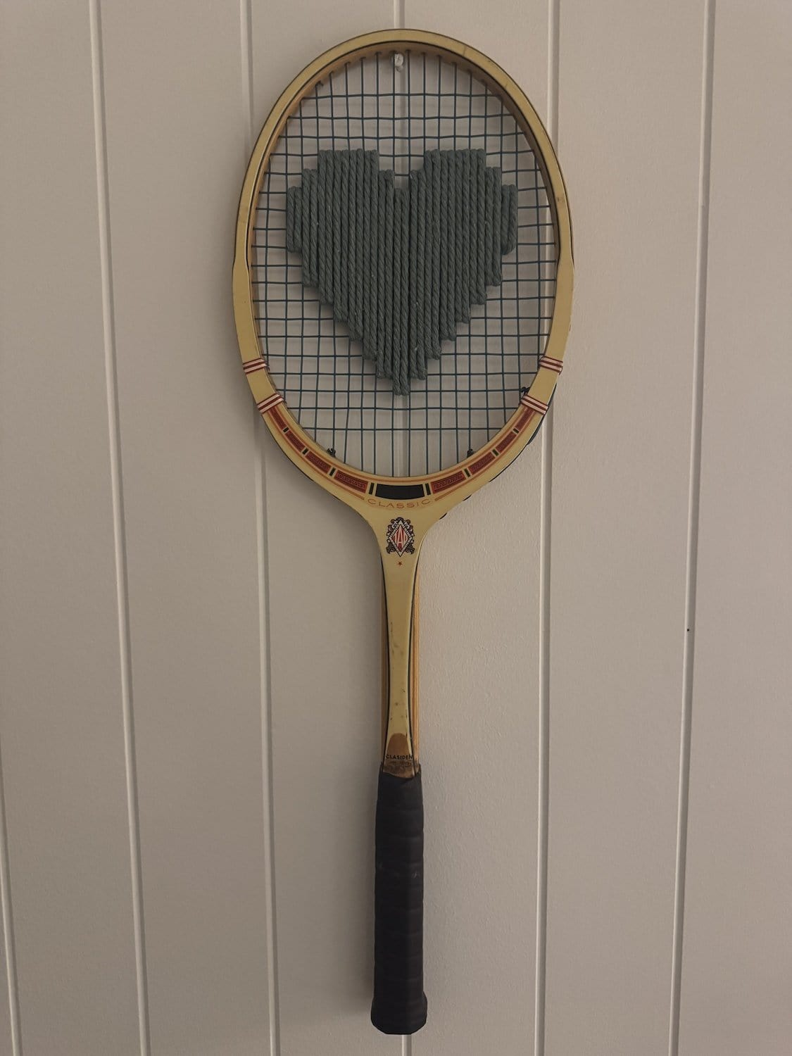 Vintage Tennis Racquet With Woven Heart - Sage Green