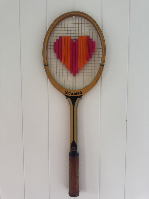 Vintage Tennis Racquet Wall Art - Pink & Orange Heart