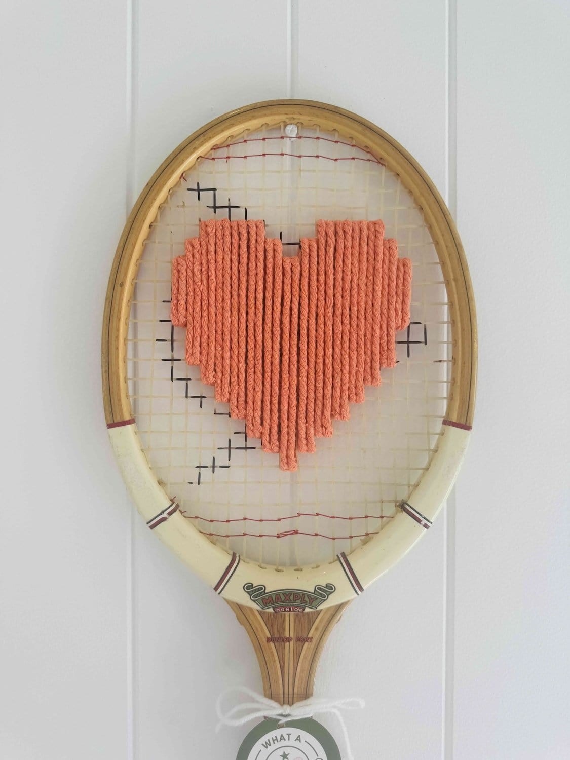 Vintage Tennis Racquet With Woven Heart - Coral