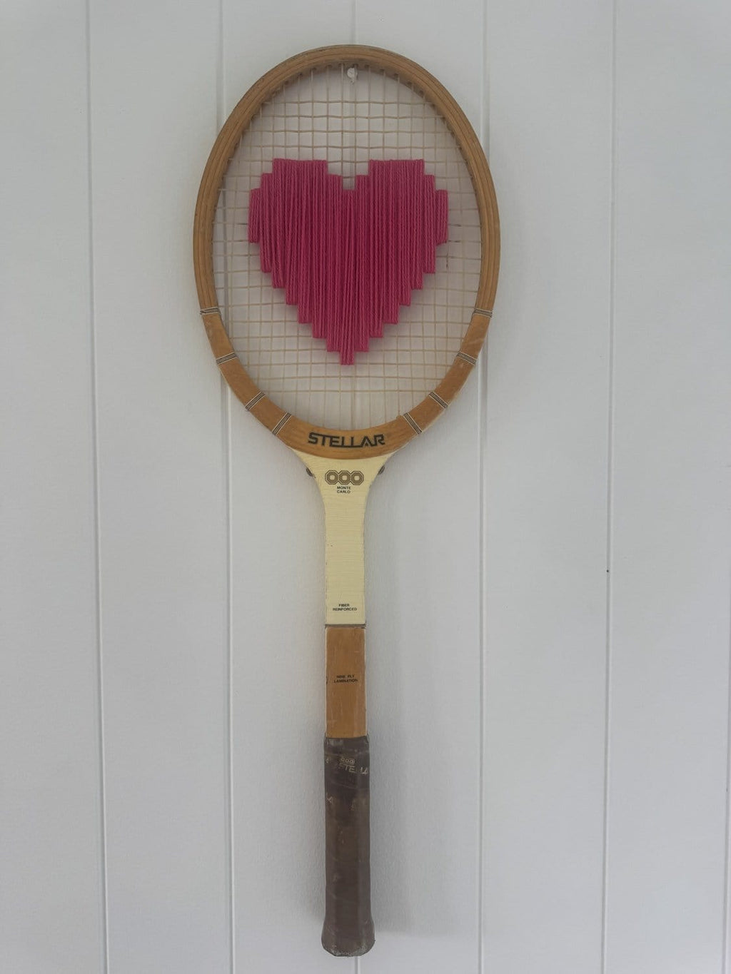 Vintage Tennis Racquet Wall Hanging With Woven Heart - Pink
