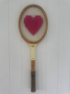 Vintage Tennis Racquet Wall Hanging With Woven Heart - Pink