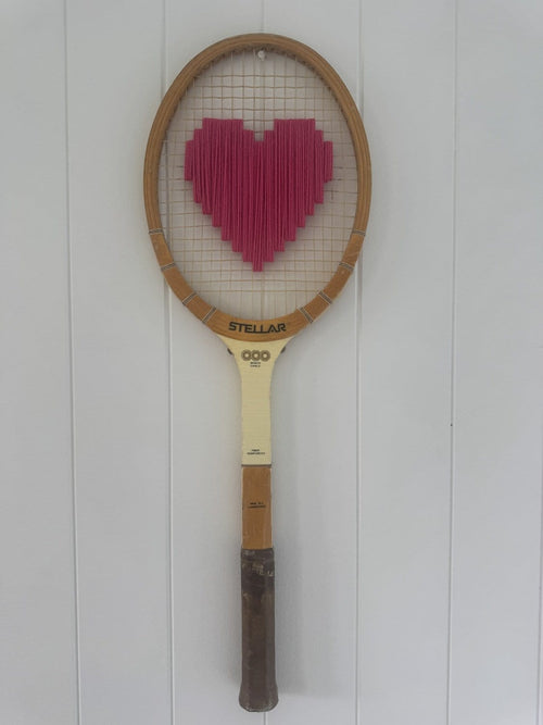 Vintage Tennis Racquet Wall Hanging With Woven Heart - Pink
