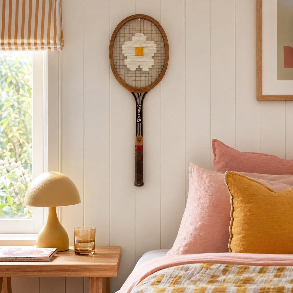 Vintage Tennis Racquet Wall Art - White Daisy Flower