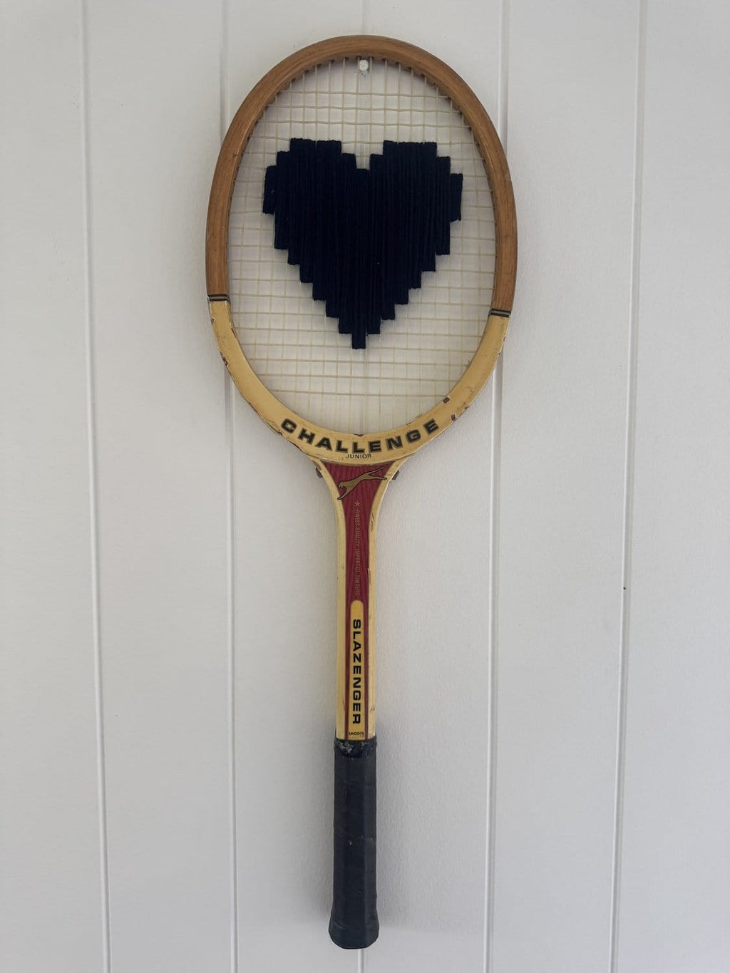 Vintage Tennis Racquet Wall Hanging With Woven Heart - Navy
