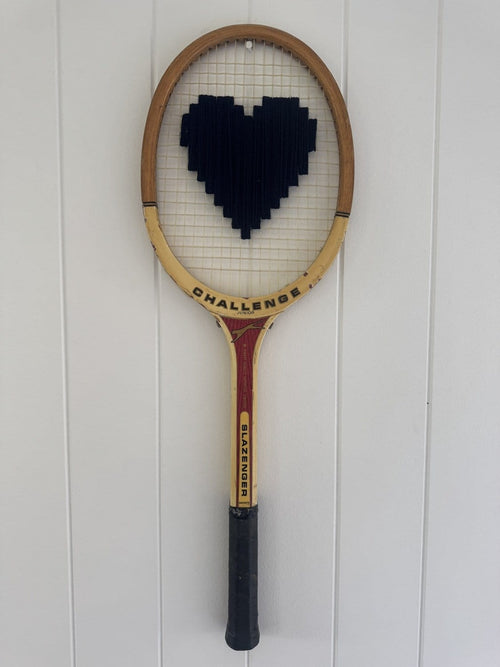 Vintage Tennis Racquet Wall Hanging With Woven Heart - Navy
