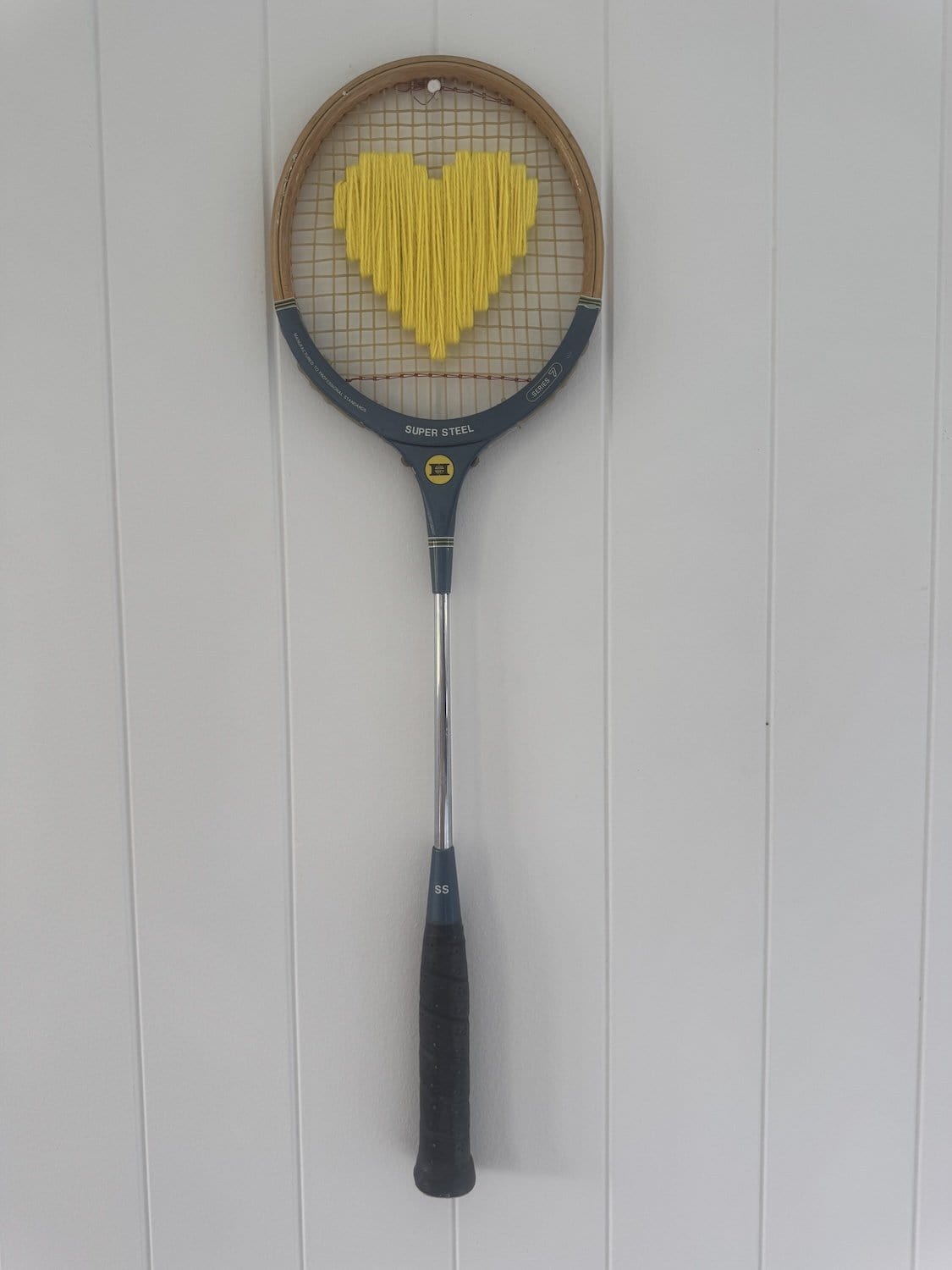 Vintage Squash Racquet Wall Hanging With Woven Heart - Yellow