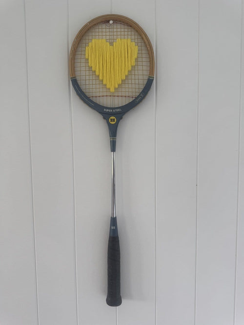 Vintage Squash Racquet Wall Hanging With Woven Heart - Yellow