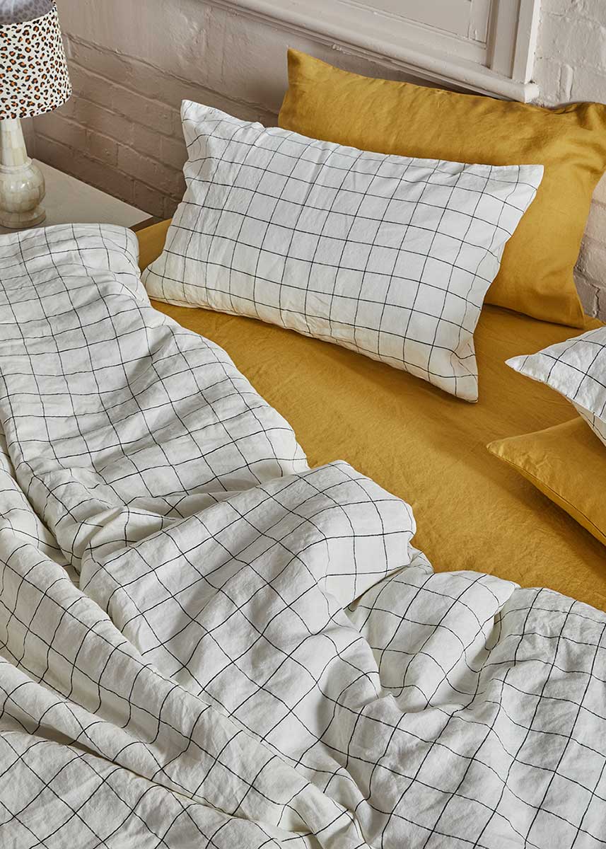 Linen Standard Pillowcase Set - Black Grid