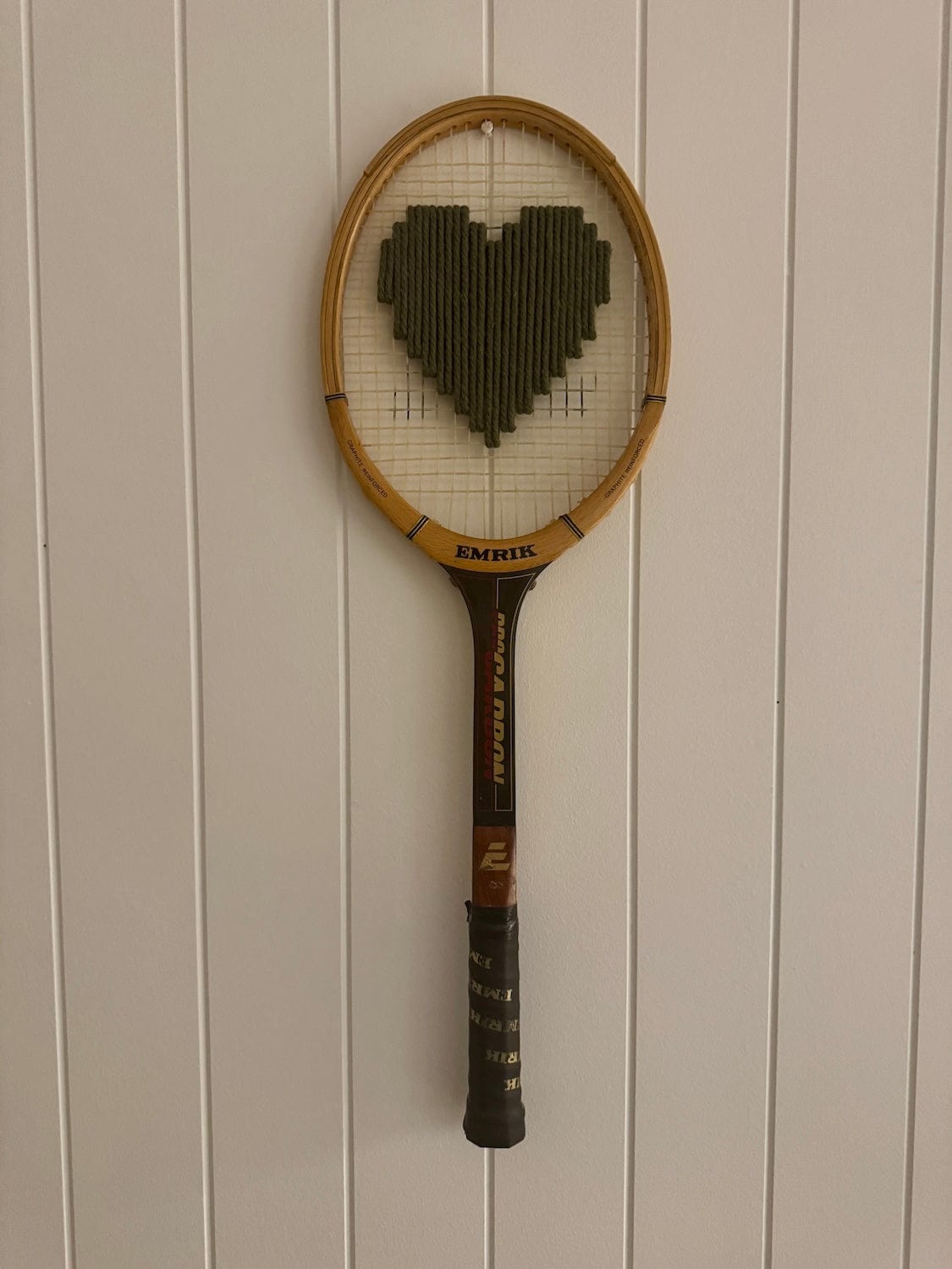 Vintage Tennis Racquet With Woven Heart - Olive Green