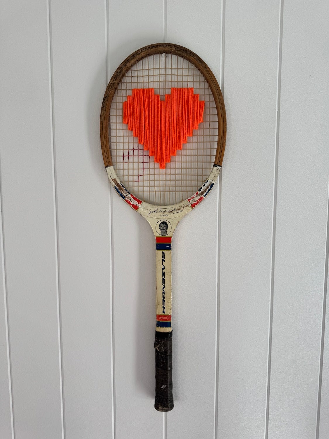 Vintage Tennis Racquet With Woven Heart - Bright Orange