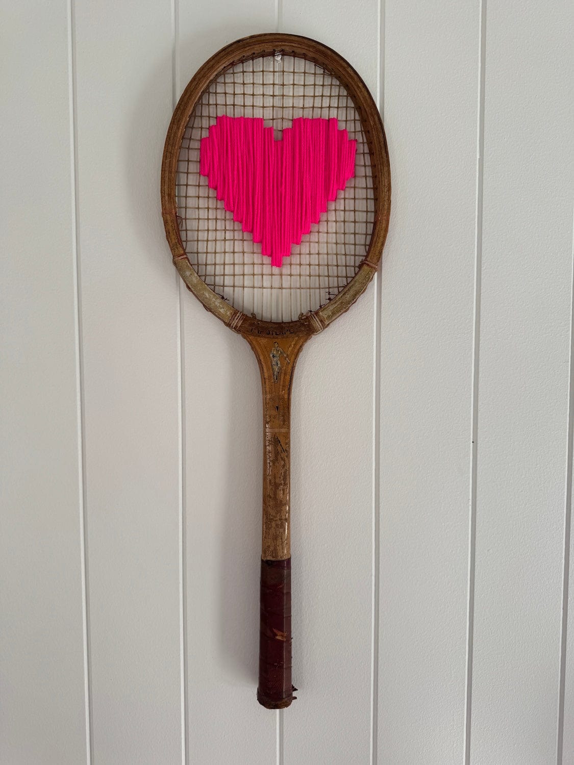 Vintage Tennis Racquet With Woven Heart - Bright Pink