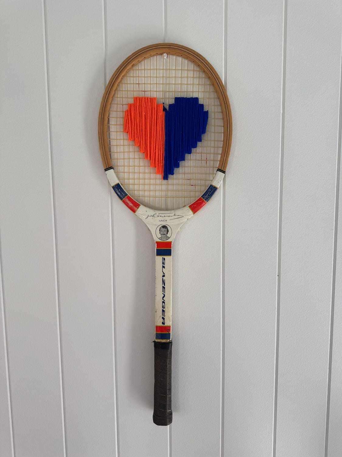 Vintage Tennis Racquet With Woven Heart - Bright Orange &amp; Blue