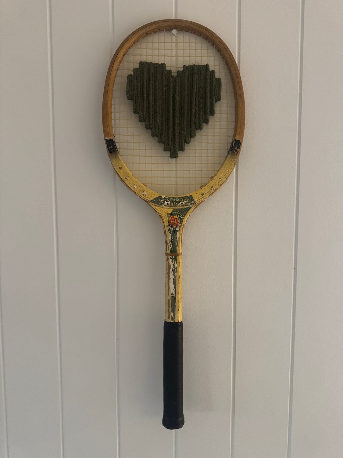 Vintage Tennis Racquet With Woven Heart - Olive Green