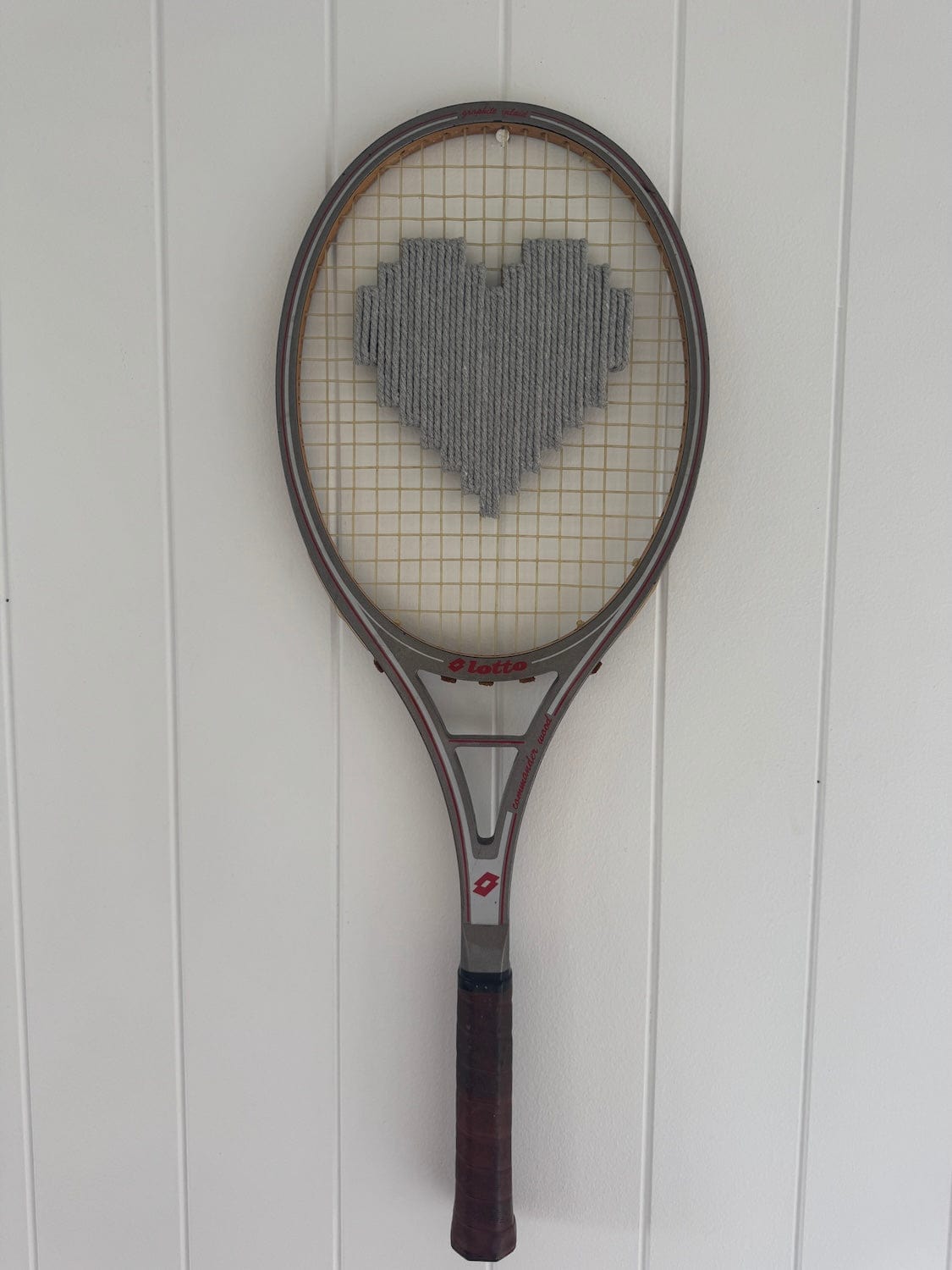 Vintage Tennis Racquet With Woven Heart - Silver Grey