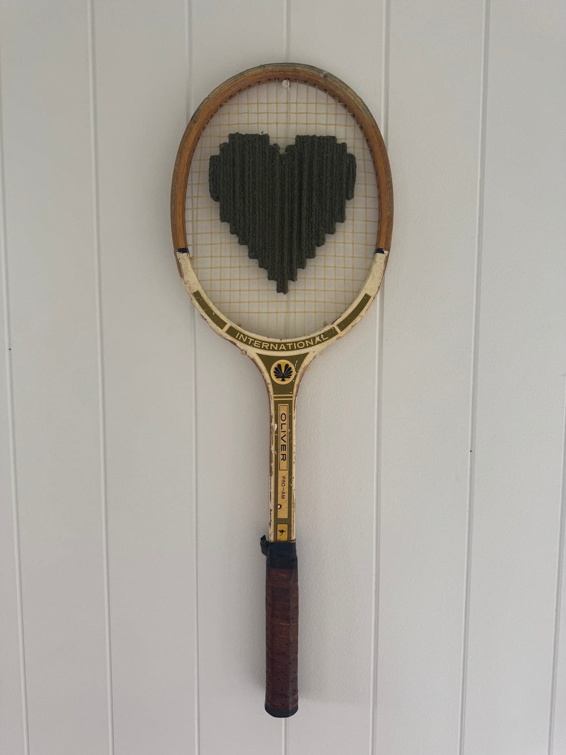 Vintage Tennis Racquet With Woven Heart - Olive Green