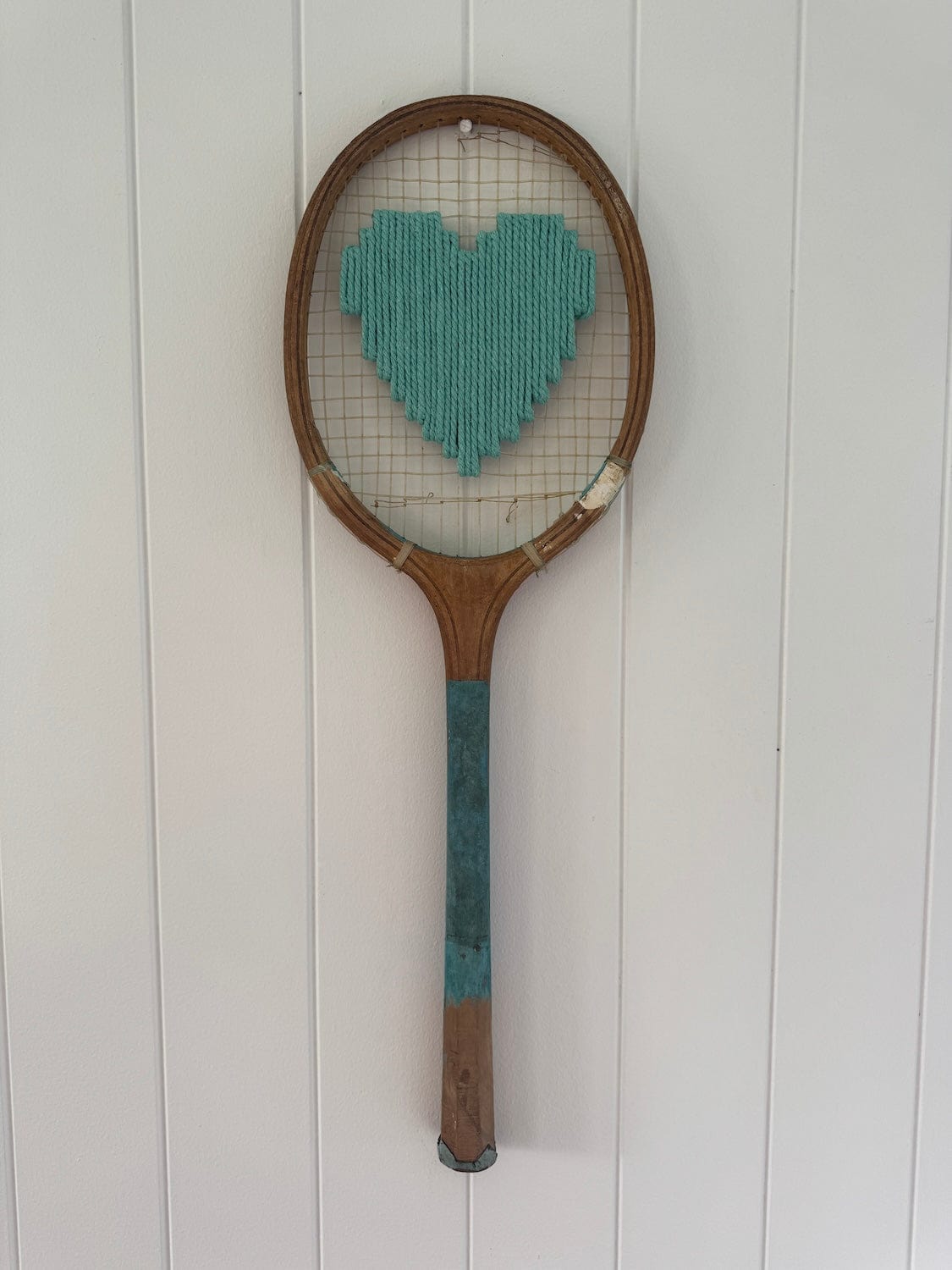 Vintage Tennis Racquet With Woven Heart - Teal