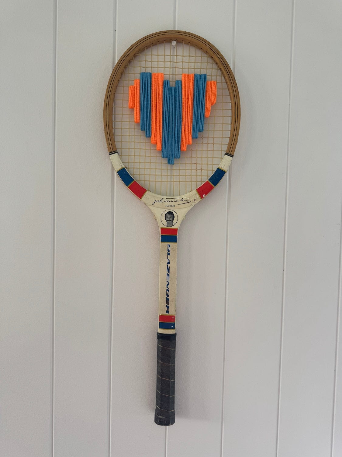 Vintage Tennis Racquet With Woven Heart - Orange &amp; Blue Stripe