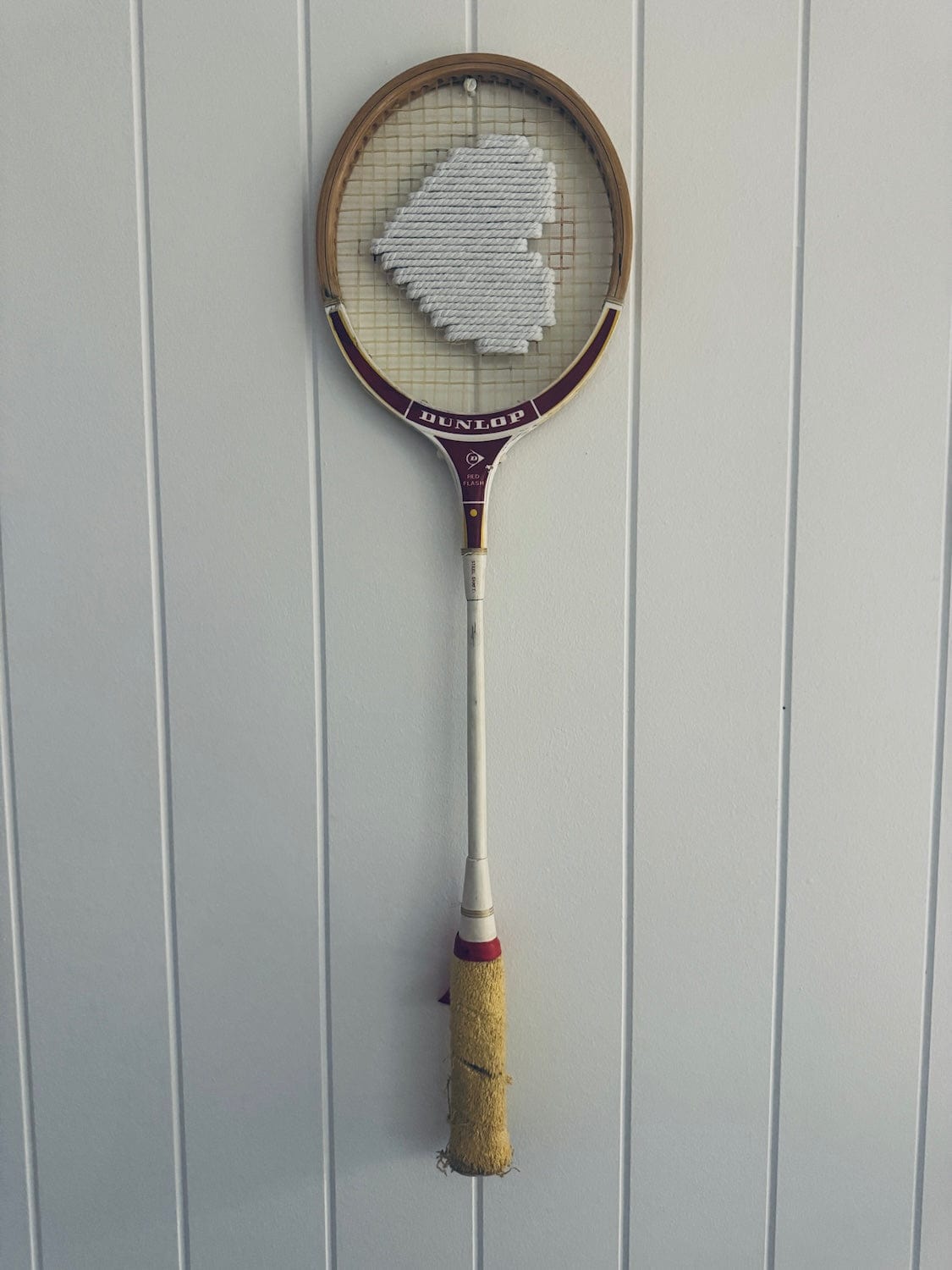 Vintage Squash Racquet Wall Hanging With Woven Heart - White