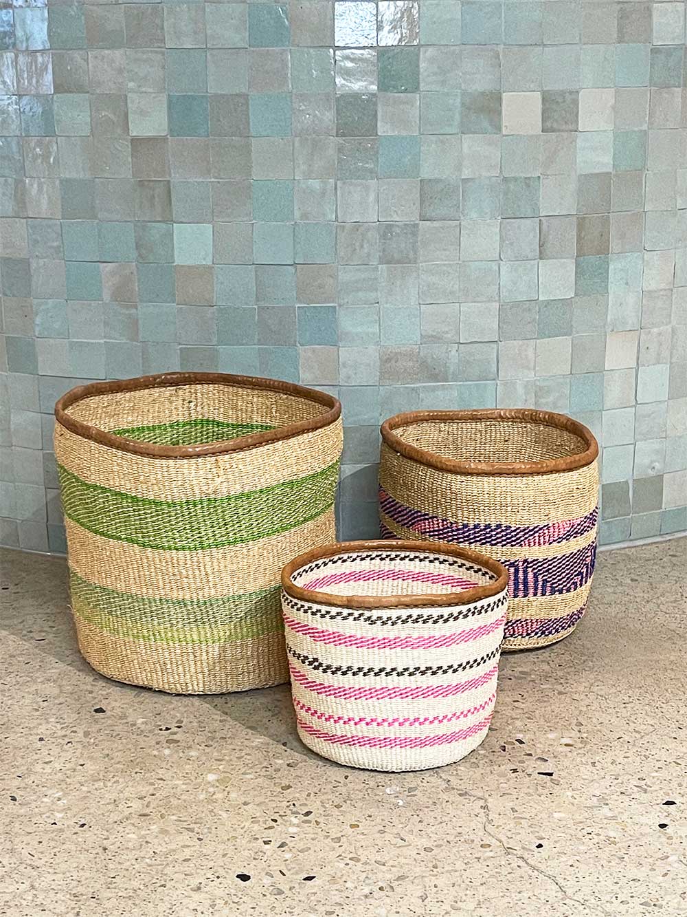 Kenyan Sisal Basket with Leather - Large