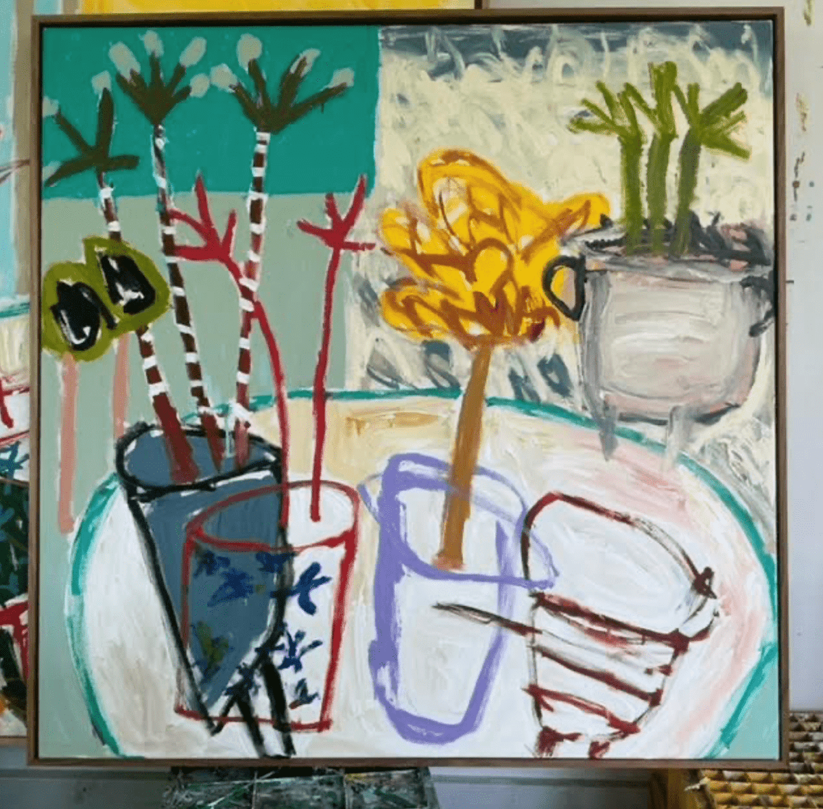 Still Life, Pot Plants And Table - Original Art