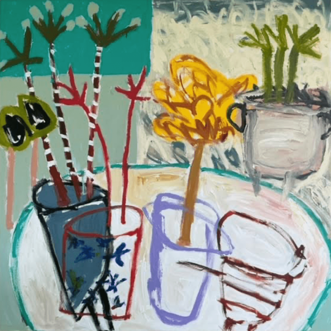 Still Life, Pot Plants And Table - Original Art