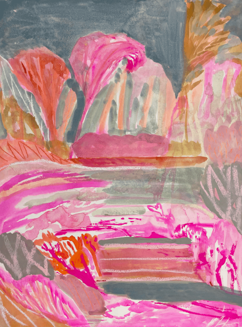 Fan Palm Dance With Pink Full Moon - Original Art