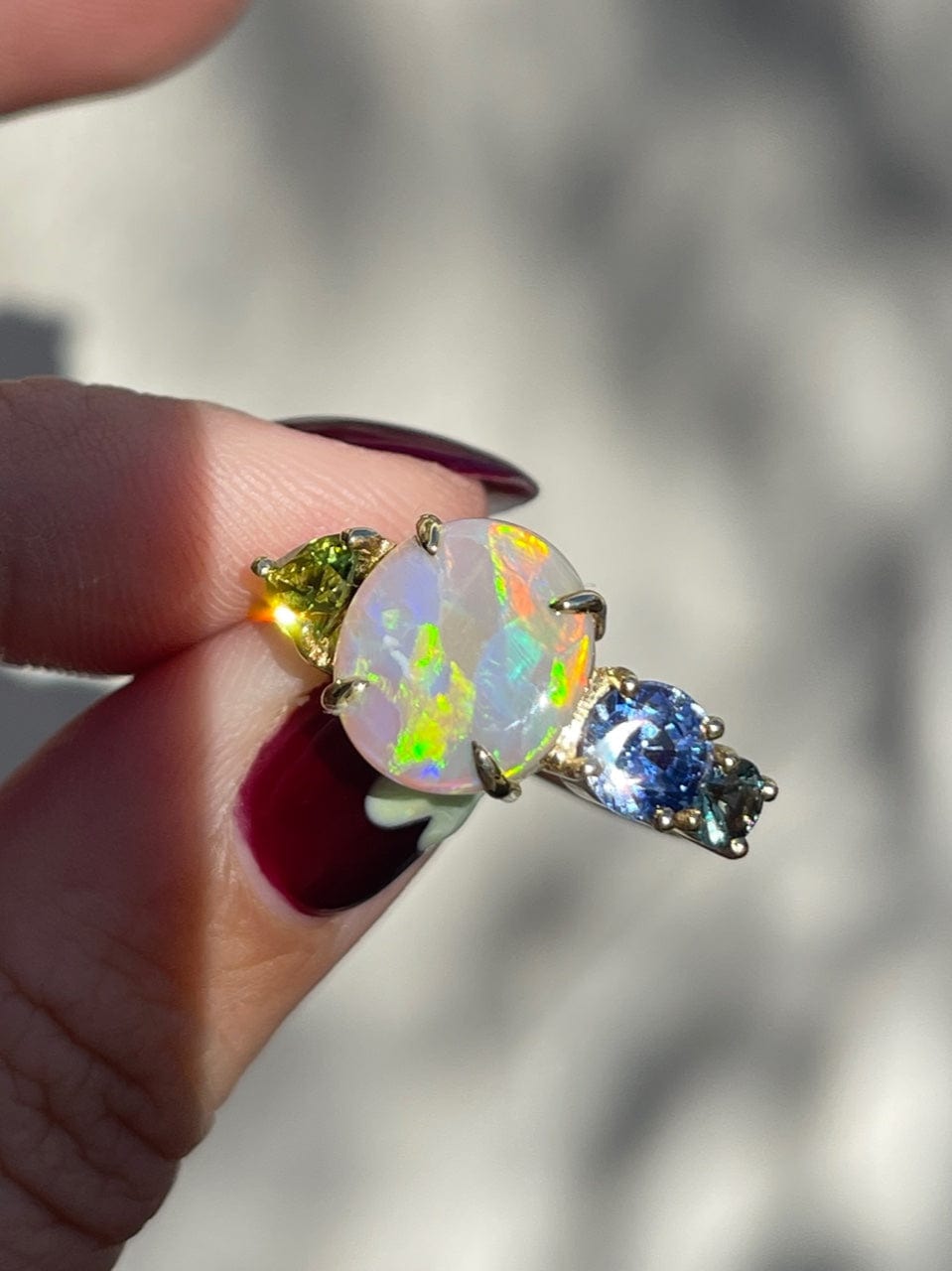 One-off Peridot and Crystal Opal Splice Ring in 18ct Yellow Gold
