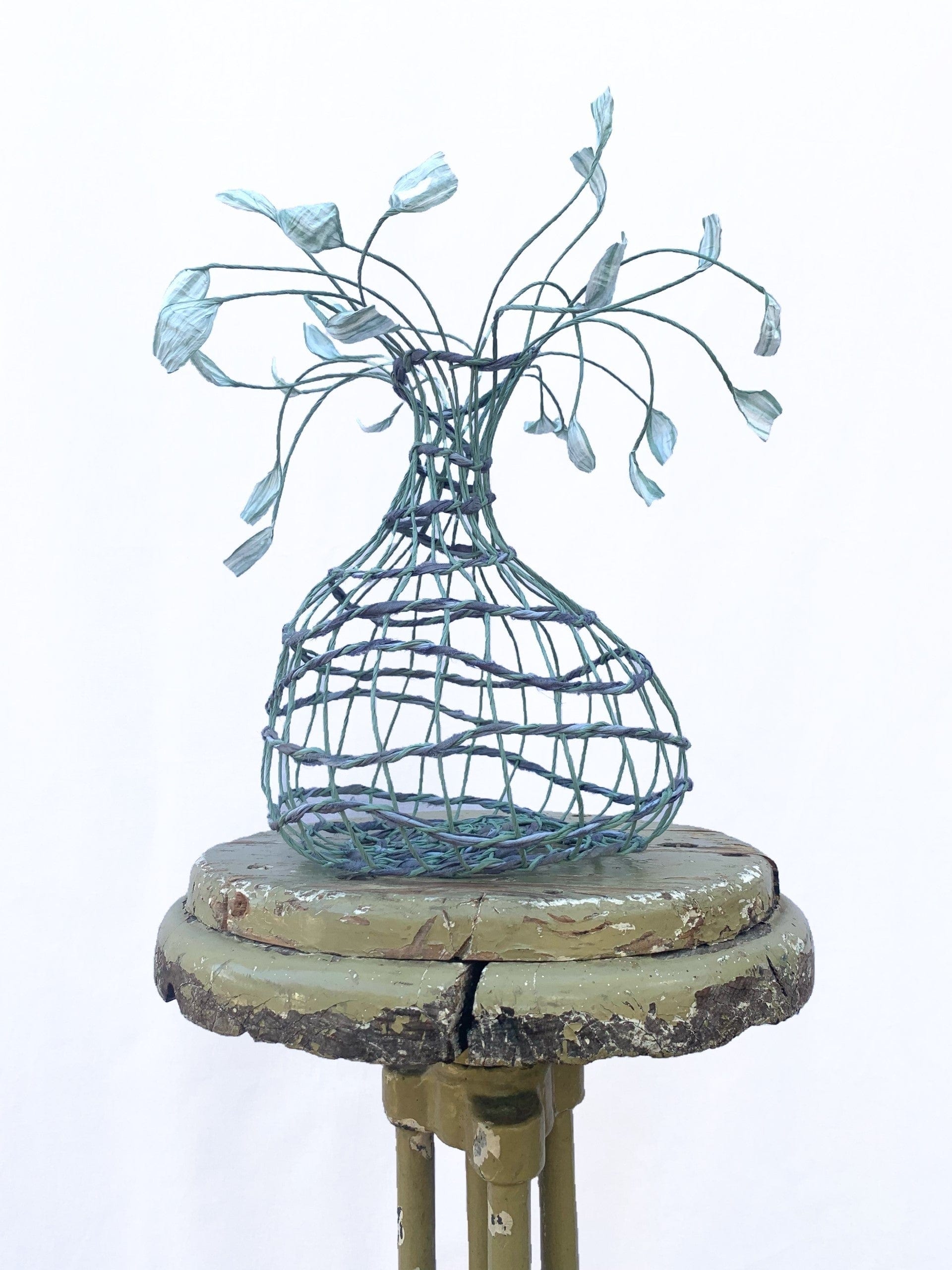 Woven Vase In Sage Green With Blue Sari Silk