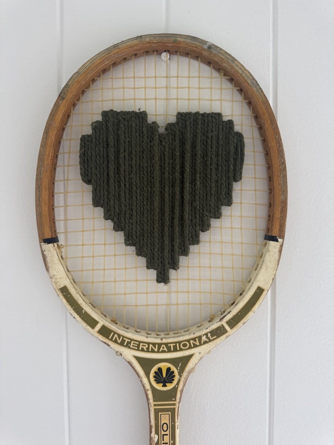 Vintage Tennis Racquet With Woven Heart - Olive Green