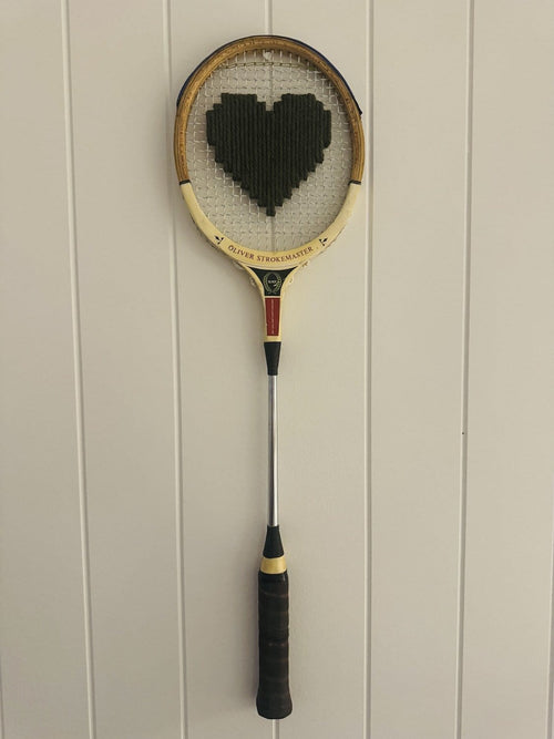 What A Racquet! Vintage Squash Racquet Wall Hanging With Woven Heart - Olive Green