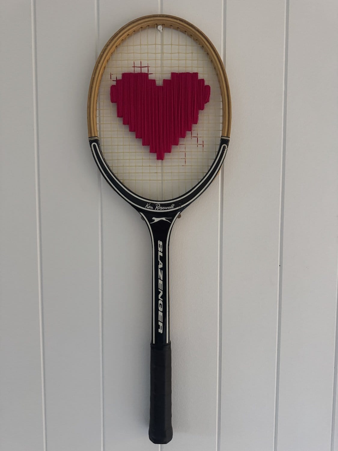 Vintage Tennis Racquet With Dark Pink Woven Heart-Wall Hangings-What A Racquet-Greenhouse Interiors Pty Ltd