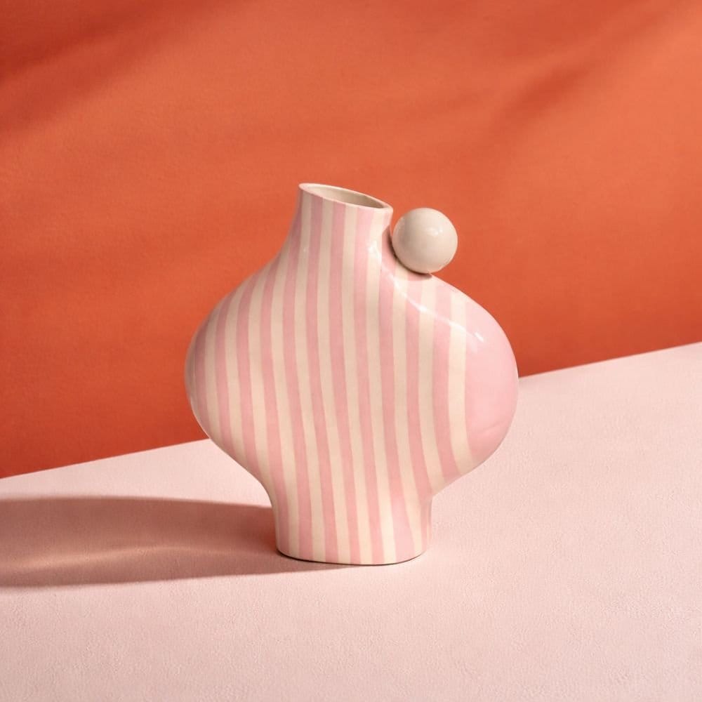 Pink Striped Vessel With A Ball Handle-Ceramics-Formantics-Greenhouse Interiors Pty Ltd