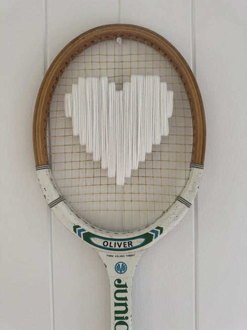 Vintage Tennis Racquet Wall Hanging With Woven Heart - White