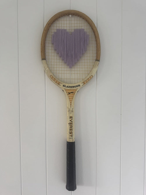 Vintage Tennis Racquet Wall Hanging With Woven Heart - Purple