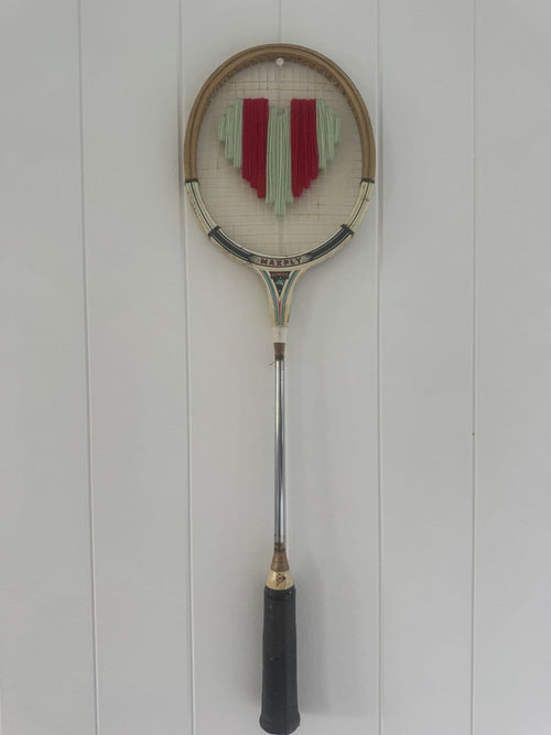 Vintage Squash Racquet Wall Hanging With Woven Heart - Minty Stripe